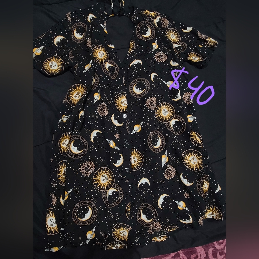 Celestial Print Black Baby Doll Dress